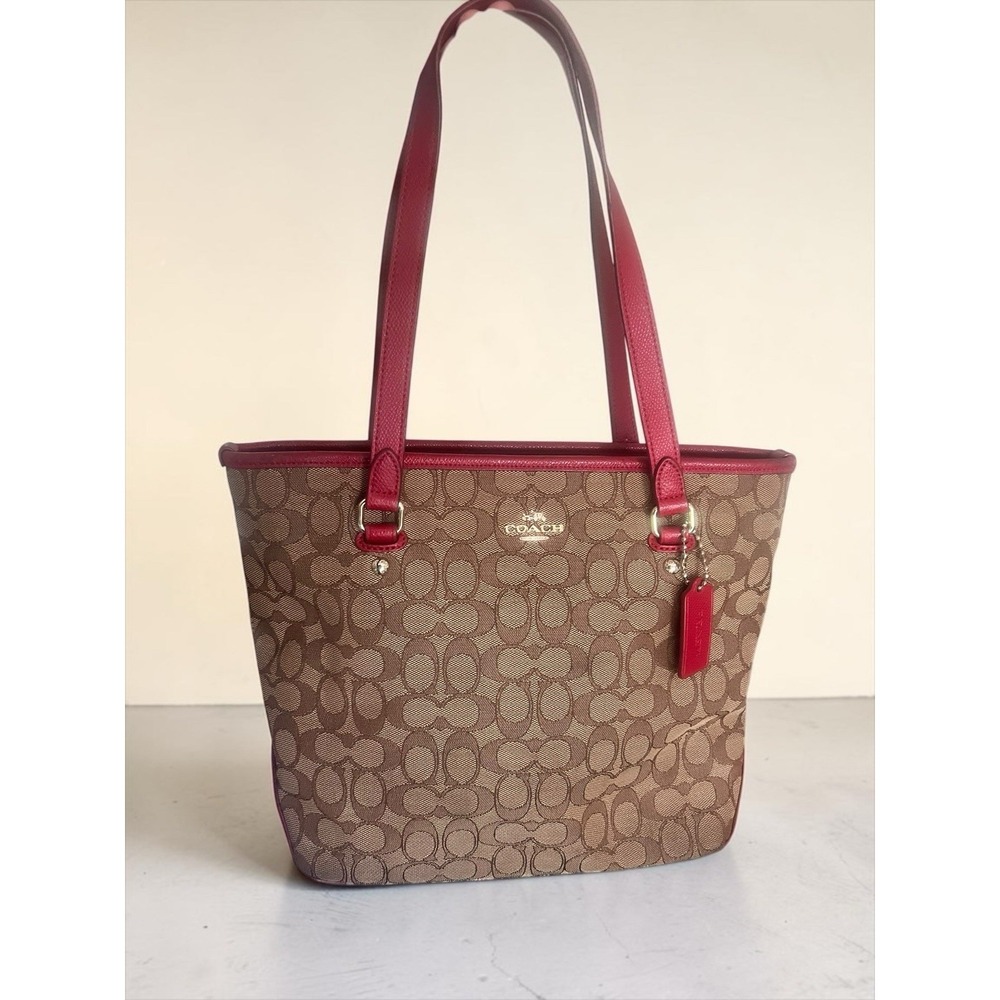 Coach Signature Coated Canvas and Red Leather Trim Purse Tote Gold Hardware